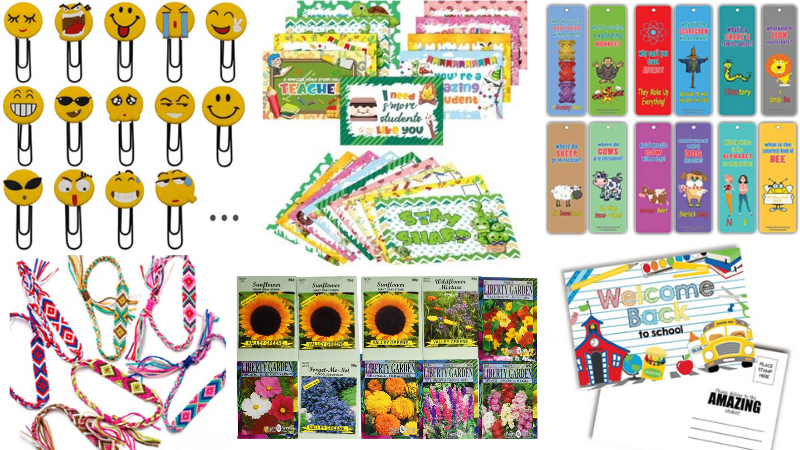 20 Free Items to Send Students in the Mail including Bookmarks, Bracelets, and Paper Clips.