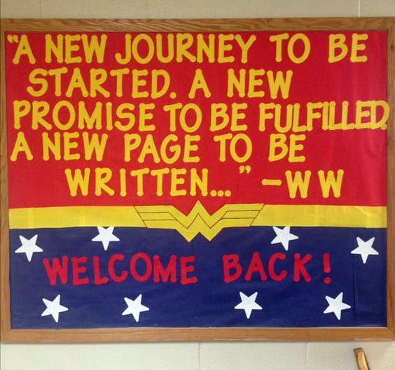 Wonder Woman themed bulletin board reading 