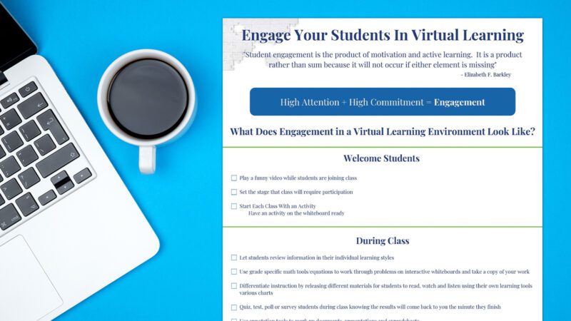 Engage Students in Virtual Learning printable checklist on blue background with laptop and coffee cup