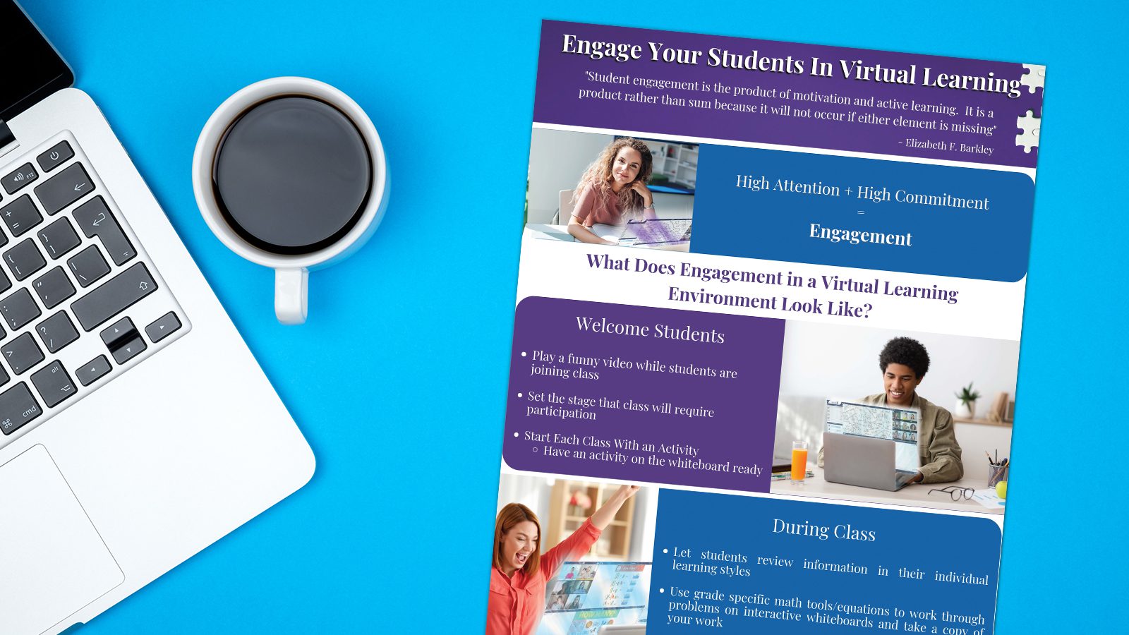 Engage Students in Virtual Learning printable checklist (full color version) on blue background with laptop and coffee cup