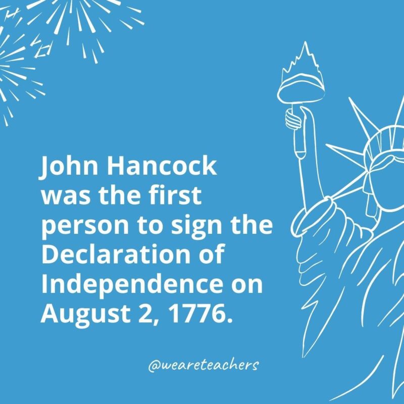 John Hancock was the first person to sign the Declaration of Independence on August 2, 1776.