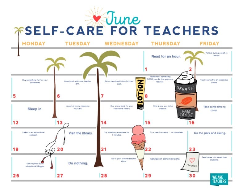 FREE PRINTABLE: June Self Care Calendar for Teachers WeAreTeachers