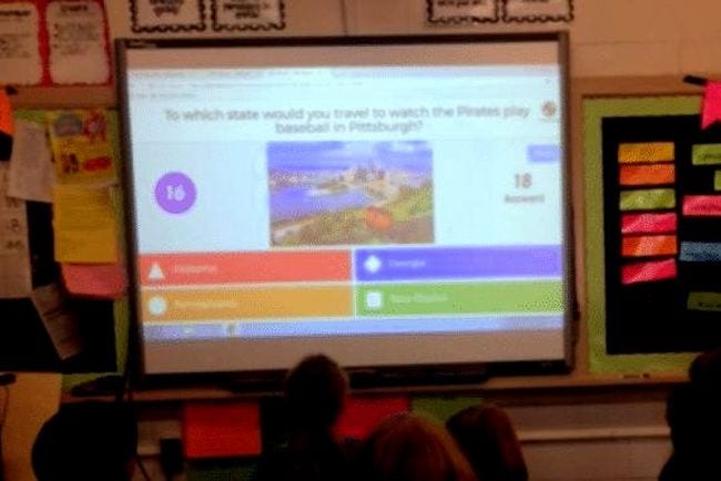 Whiteboard showing Kahoot! question: "To what city would you travel to see the Pirates play in Pittsburgh?" (Kahoot! Ideas)