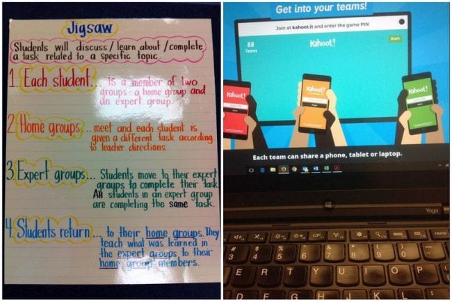 Jigsaw method anchor chart and screenshot of Kahoot! team mode