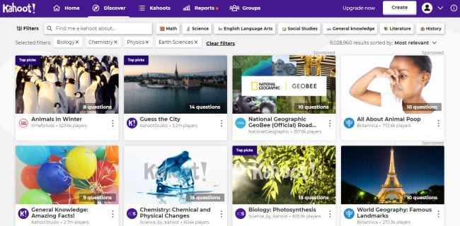 Screenshot of Kahoot! Discover page, showing various public Kahoots