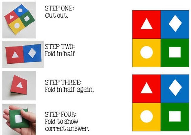 Square divided into four parts, with red triangle, blue diamond, yellow circle, and green square