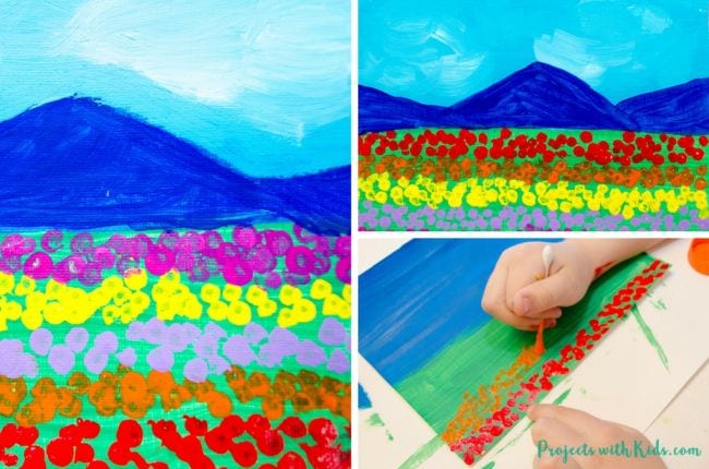 Kindergarten art student using a cotton swab to paint a field of simple wildflowers