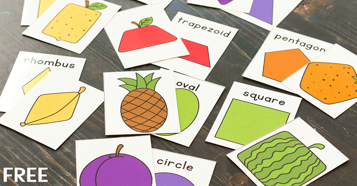 Cartes montrant des formes et des images de fruits pour faire correspondre des formes (jeu de mathématiques pour la maternelle)