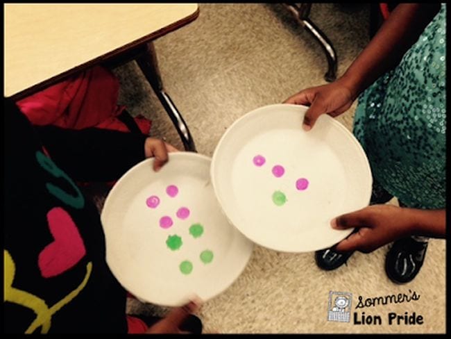 Two students holding paper plates with different numbers of colored dots