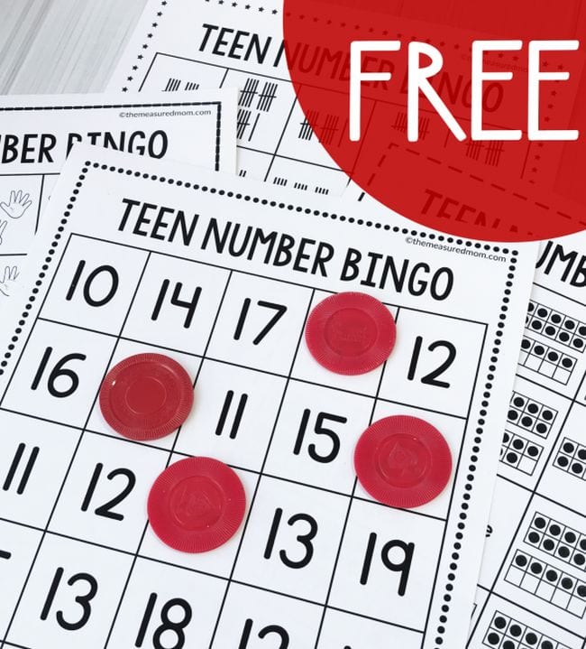 Bingo cards with teen numbers and red marking