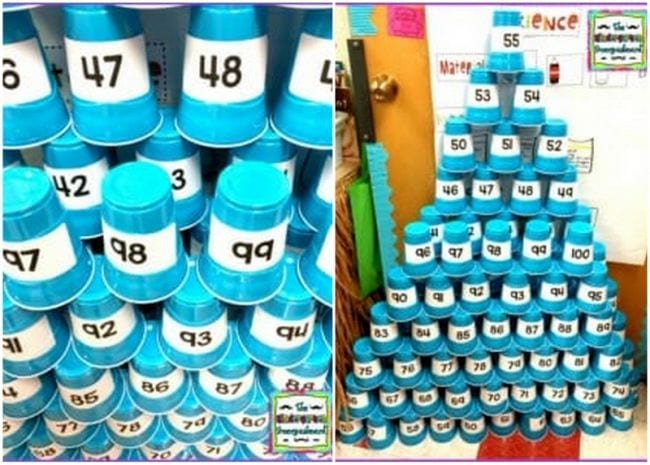 Blue plastic cups labeled with numbers one to one hundred, stacked in a pyramid