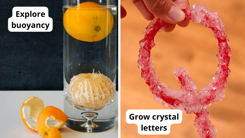 Kindergarten science activities featuring oranges and buoyancy and growing crystal letters