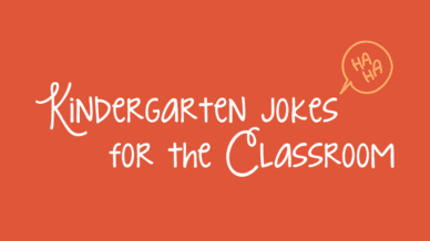 Bright red background with white cursive text that reads, Kindergarten Jokes for the Classroom.