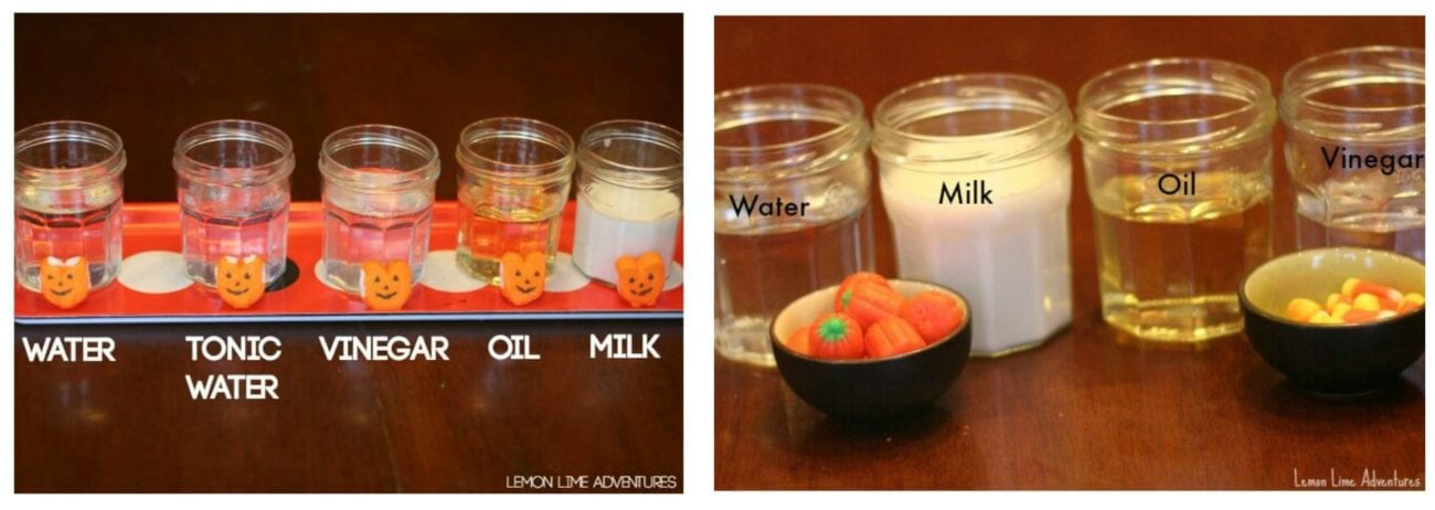 2 experiments laid out for students with glass jars filled with different liquids and halloween candies on the side