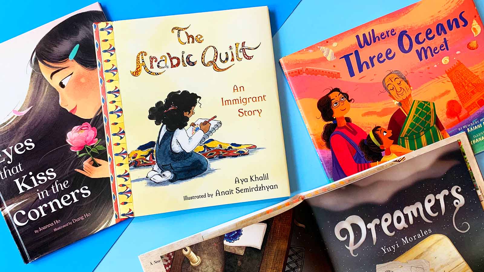 Covers of multicultural books on a blue background