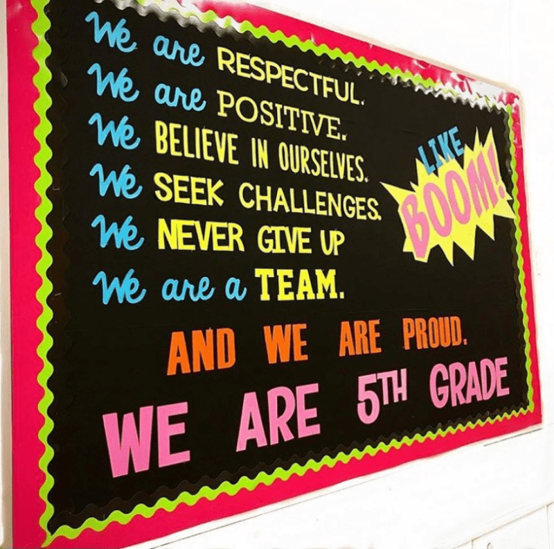 Like Boom bulletin board reading We are respectful. We are positive. We believe in ourselves. We seek challenges. We never give up. We are a team. And we are proud. We are 5th grade. (Back-to-school bulletin boards)