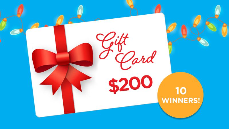 $200 gift card with 10 winners call-out on holiday lights background