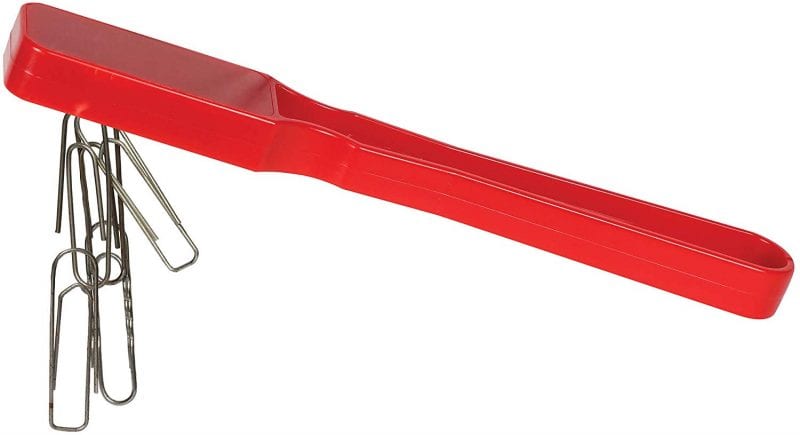 Red magnetic wand holding paperclips