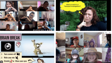 Four separate images of online classroom meetings.