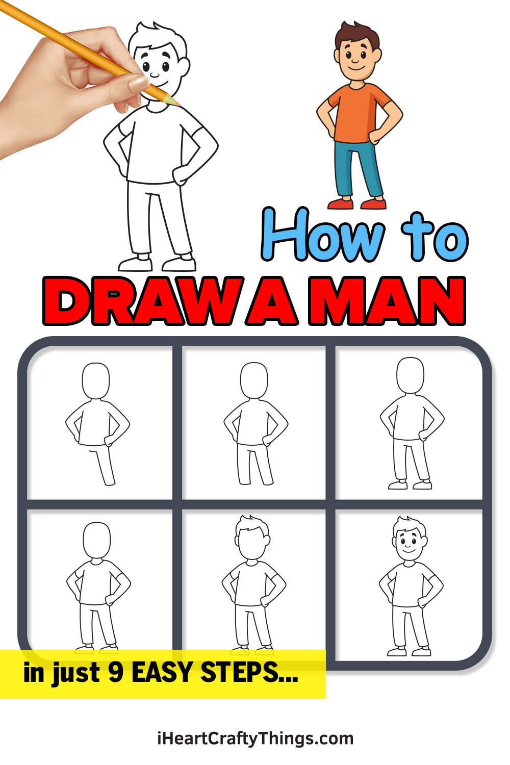 A tutorial is shown for how to draw a man. A hand is shown drawing the outline next to a finished, colored version. 
