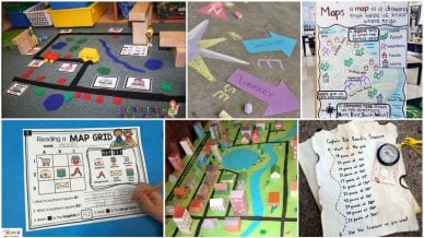 Six Separate images of map skills using paper, fabric, and chalk.