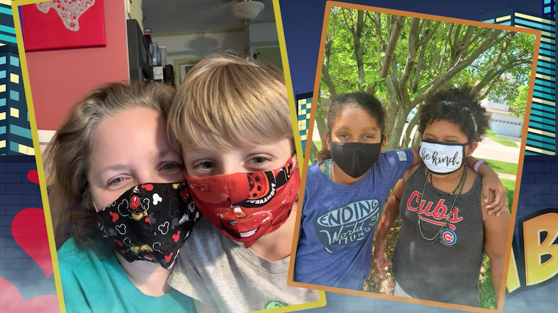 Two images of children properly wearing their masks.