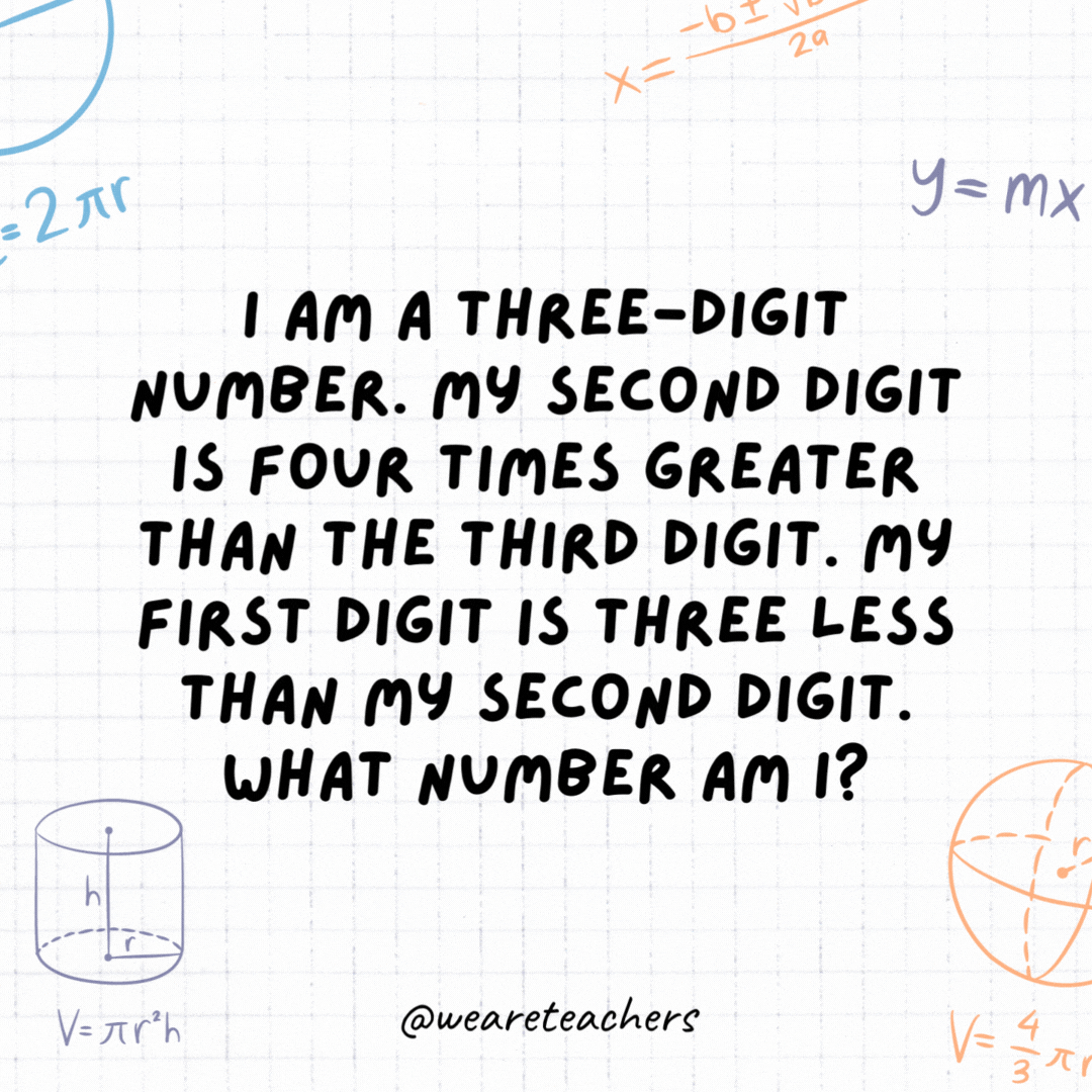 28. I am a three-digit number. My second digit is four times greater than the third digit. My first digit is three less than my second digit. What number am I?