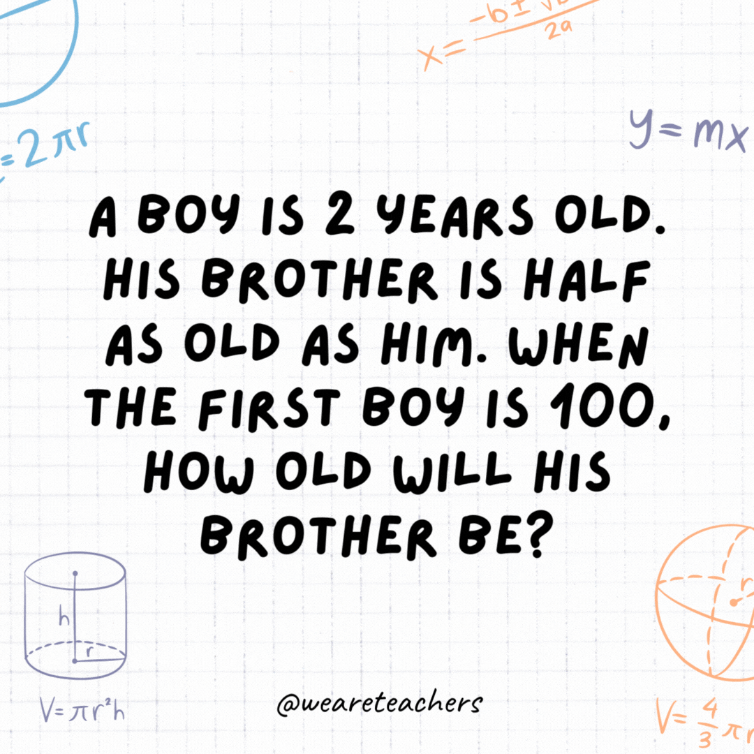 6. A boy is 2 years old. His brother is half as old as him. When the first boy is 100, how old will his brother be?