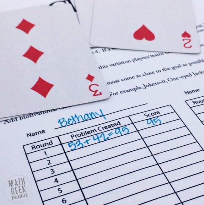 Playing cards with printable worksheet for math card games