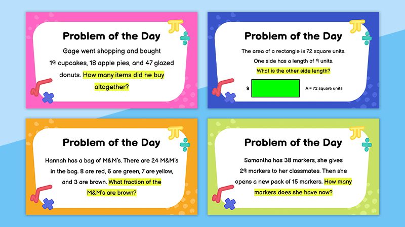 Four daily math problems on a light blue background.