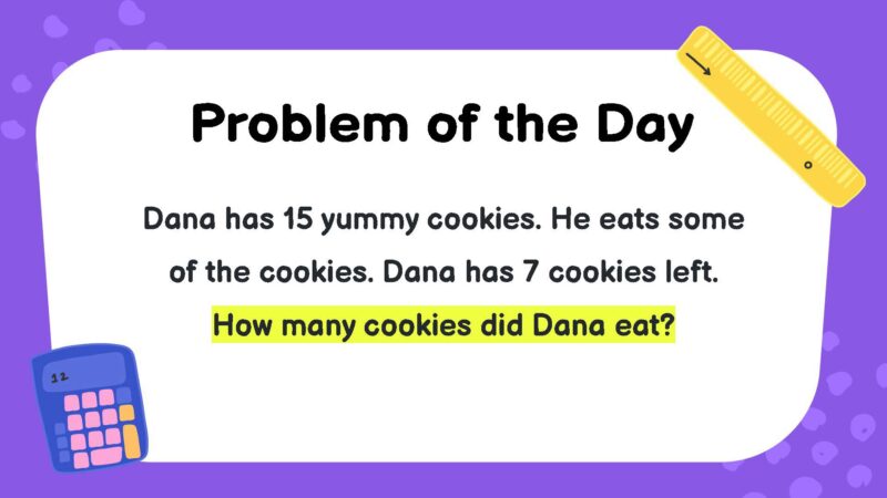 Dana has 15 yummy cookies. He eats some of the cookies. Dana has 7 cookies left. How many cookies did Dana eat?