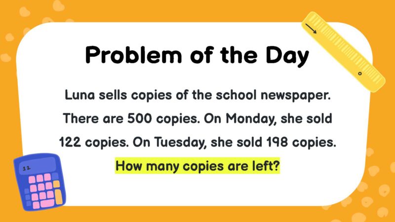 Luna sells copies of the school newspaper. There are 500 copies. On Monday, she sold 122 copies. On Tuesday, she sold 198 copies. How many copies are left?