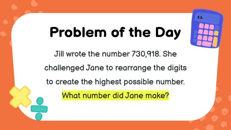 Jill wrote the number 730,918. She challenged Jane to rearrange the digits to create the highest possible number. What number did Jane make?