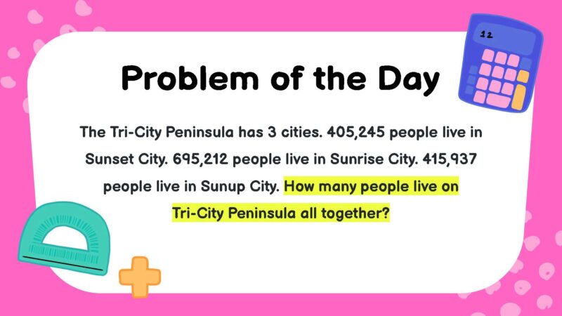 The Tri-City Peninsula has 3 cities. 405,245 people live in Sunset City. 695,212 people live in Sunrise City. 415,937 people live in Sunup City. How many people live on Tri-City Peninsula all together?