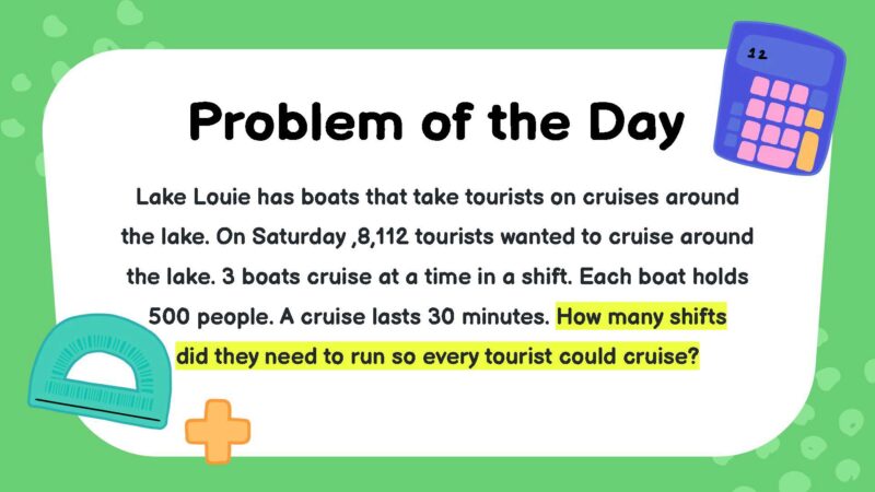 Lake Louie has boats that take tourists on cruises around the lake. On Saturday ,8,112 tourists wanted to cruise around the lake. 3 boats cruise at a time in a shift. Each boat holds 500 people. A cruise lasts 30 minutes. How many shifts did they need to run so every tourist could cruise?