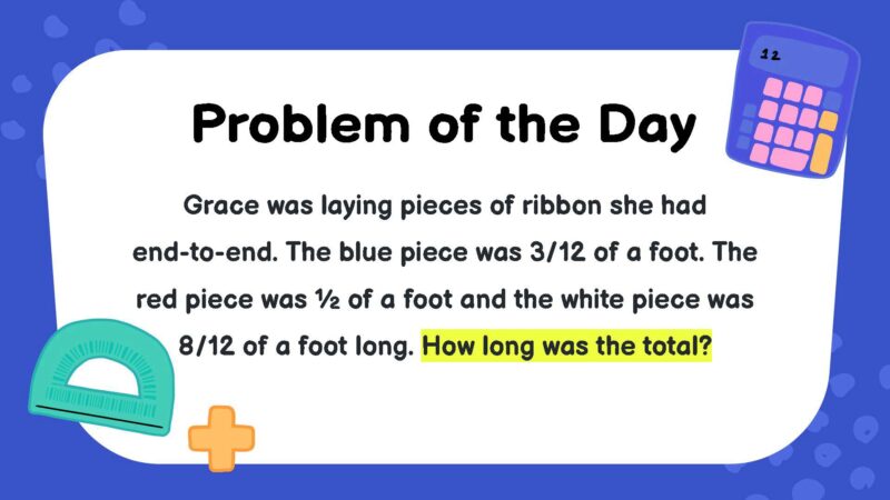 Grace was laying pieces of ribbon she had end-to-end. The blue piece was 3/12 of a foot. The red piece was ½ of a foot and the white piece was 8/12 of a foot long. How long was the total?