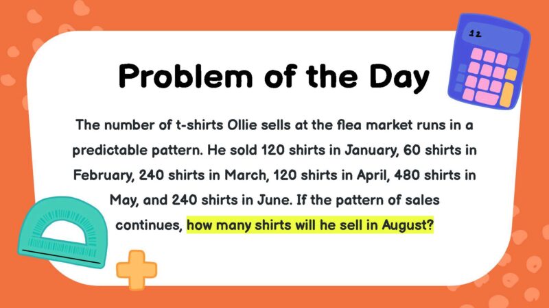 The number of t-shirts Ollie sells at the flea market runs in a predictable pattern. He sold 120 shirts in January, 60 shirts in February, 240 shirts in March, 120 shirts in April, 480 shirts in May, and 240 shirts in June. If the pattern of sales continues, how many shirts will he sell in August?