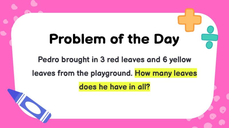 Pedro brought in 3 red leaves and 6 yellow leaves from the playground. How many leaves does he have in all?