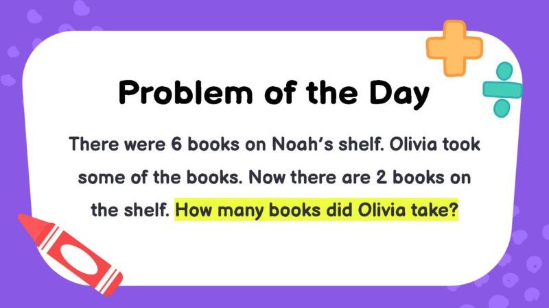There were 6 books on Noah’s shelf. Olivia took some of the books. Now there are 2 books on the shelf. How many books did Olivia take?