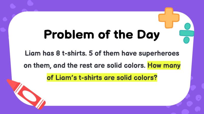 Liam has 8 t-shirts. 5 of them have superheroes on them, and the rest are solid colors. How many of Liam’s t-shirts are solid colors?