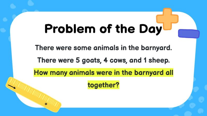 There were some animals in the barnyard. There were 5 goats, 4 cows, and 1 sheep. How many animals were in the barnyard all together?