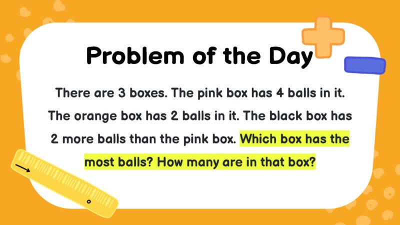 There are 3 boxes. The pink box has 4 balls in it. The orange box has 2 balls in it. The black box has 2 more balls than the pink box. Which box has the most balls? How many are in that box?
