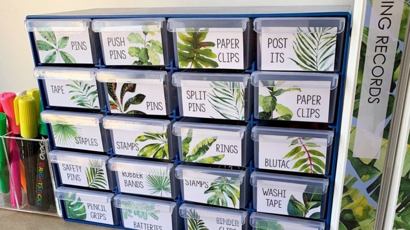 Tropical plants as labels that correspond to a bucket labeled with classroom supplies.