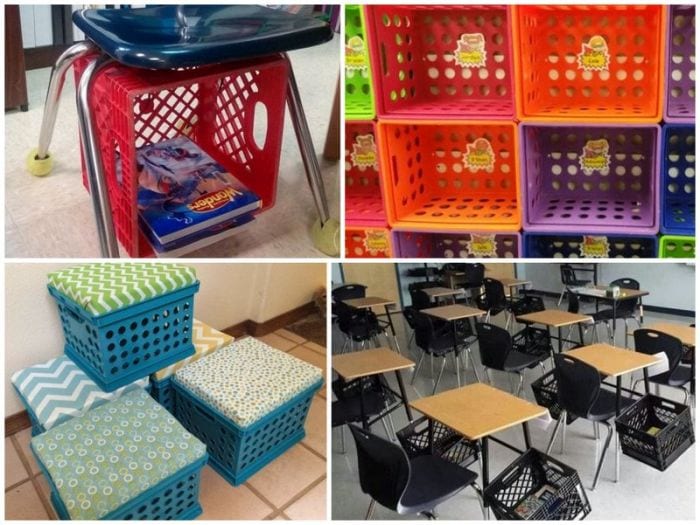 Ways to use milk crates in the classroom- under desk storage, student cubbies, create cushions on top for seating, attached to the side of desks.