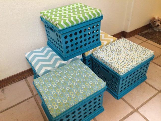 Milk crate seats and storage in blue and green for teaching 1st grade