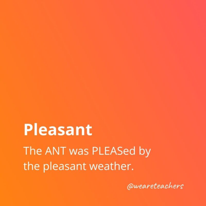 Pleasant - The ANT was PLEASed by the pleasant weather from list of commonly misspelled words.