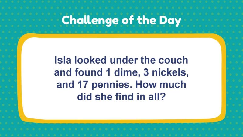 Challenge of the Day: Isla looked under the couch and found 1 dime, 3 nickels, and 17 pennies. How much did she find in all?