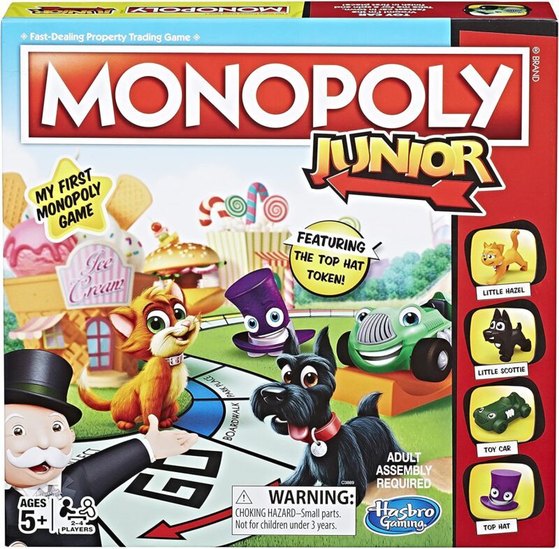 A game board has cartoon animals on it and the monopoly man. It says Monopoly Junior on it. (educational board games)