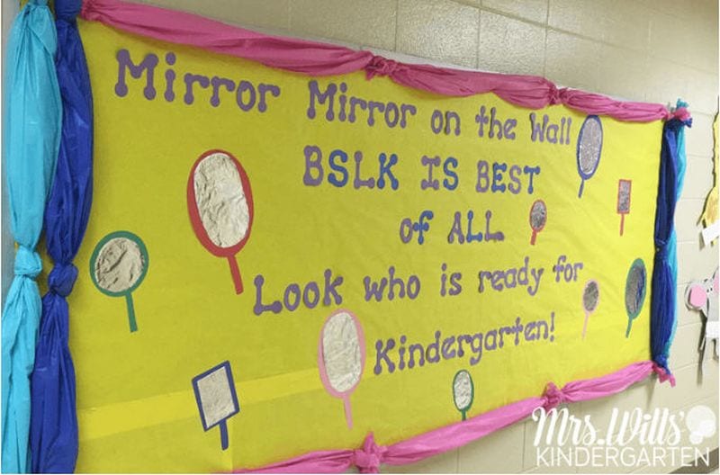 Bulletin board with mirrors made from aluminum foil. Text reads 