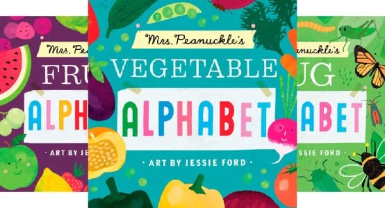 Book covers for Mrs. Peanuckle's Vegetable, Fruit and Bug Alphabet books as examples of preschool books